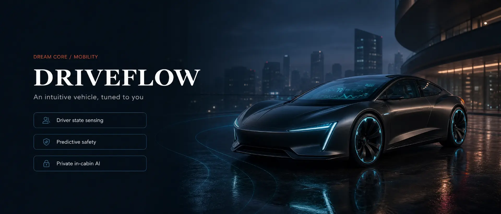 DriveFlow electric vehicle at night with illuminated cabin telemetry