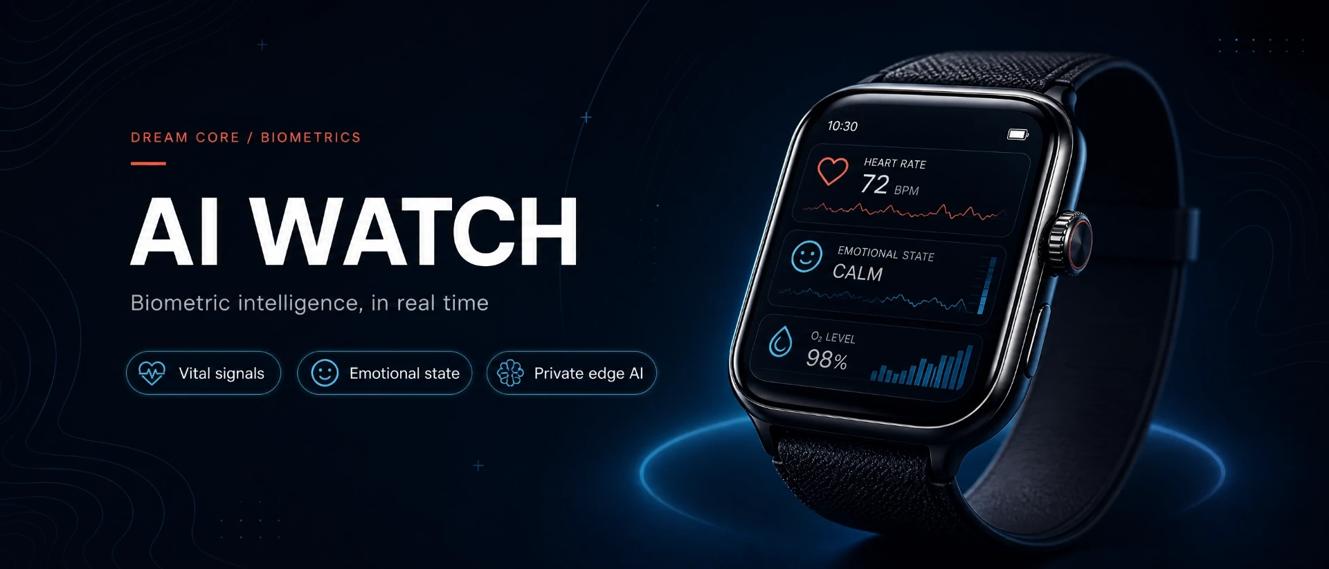 AI Watch displaying heart rate, emotional state, and oxygen level metrics