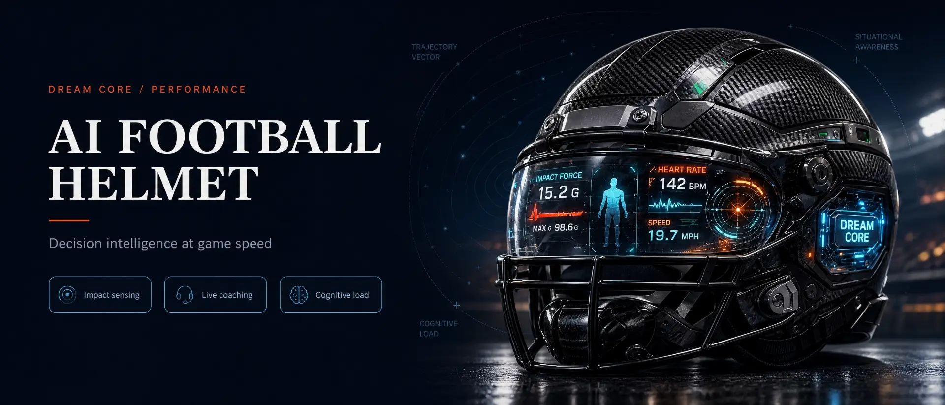 AI football helmet with impact force, heart rate, and speed telemetry display