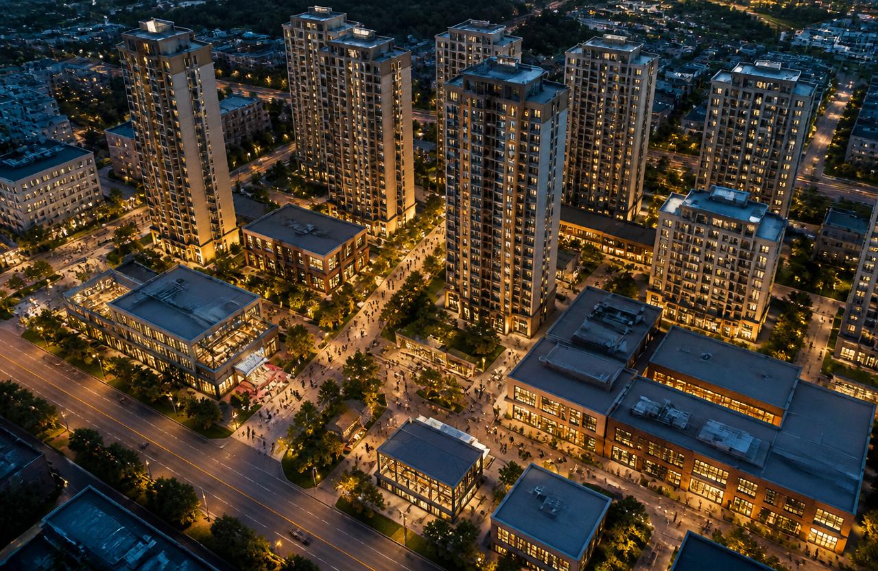 Aerial view of an illuminated mixed-use development at dusk