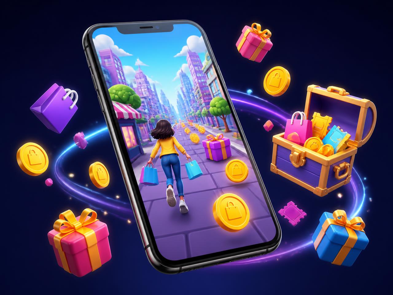 Gamified mobile shopping app with reward coins, gift boxes, and a chest of captured deals