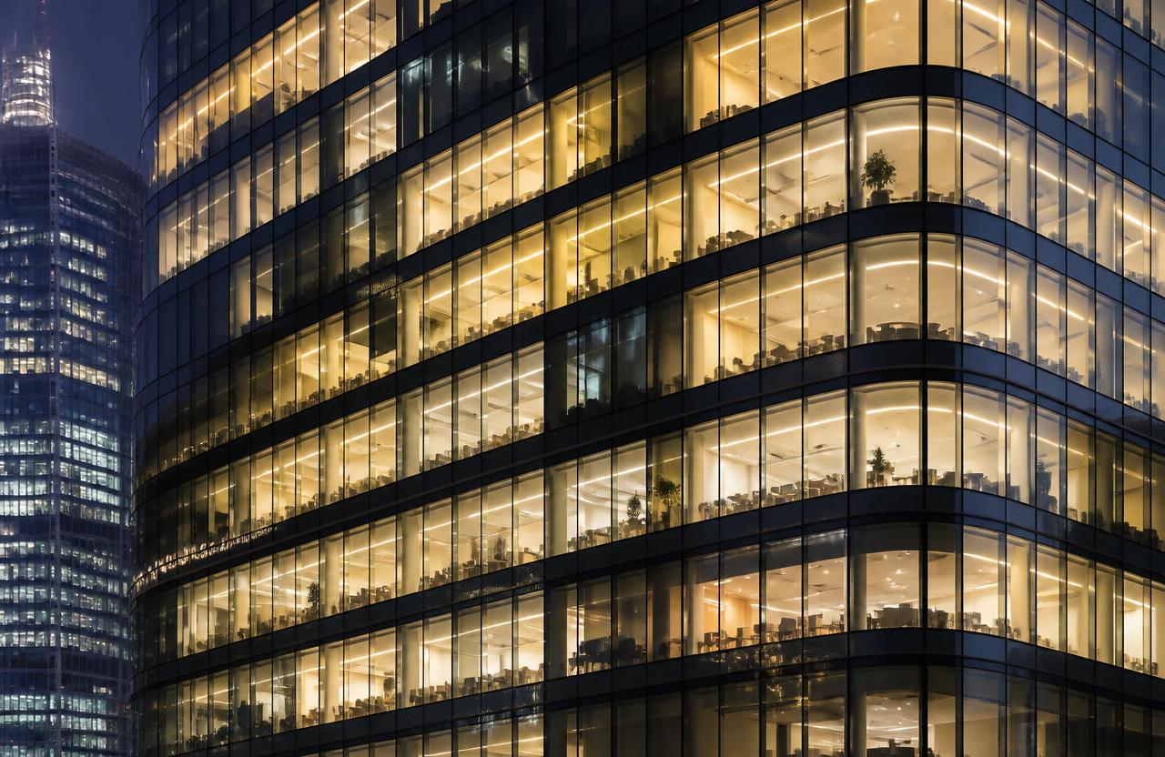 Modern glass office tower at night