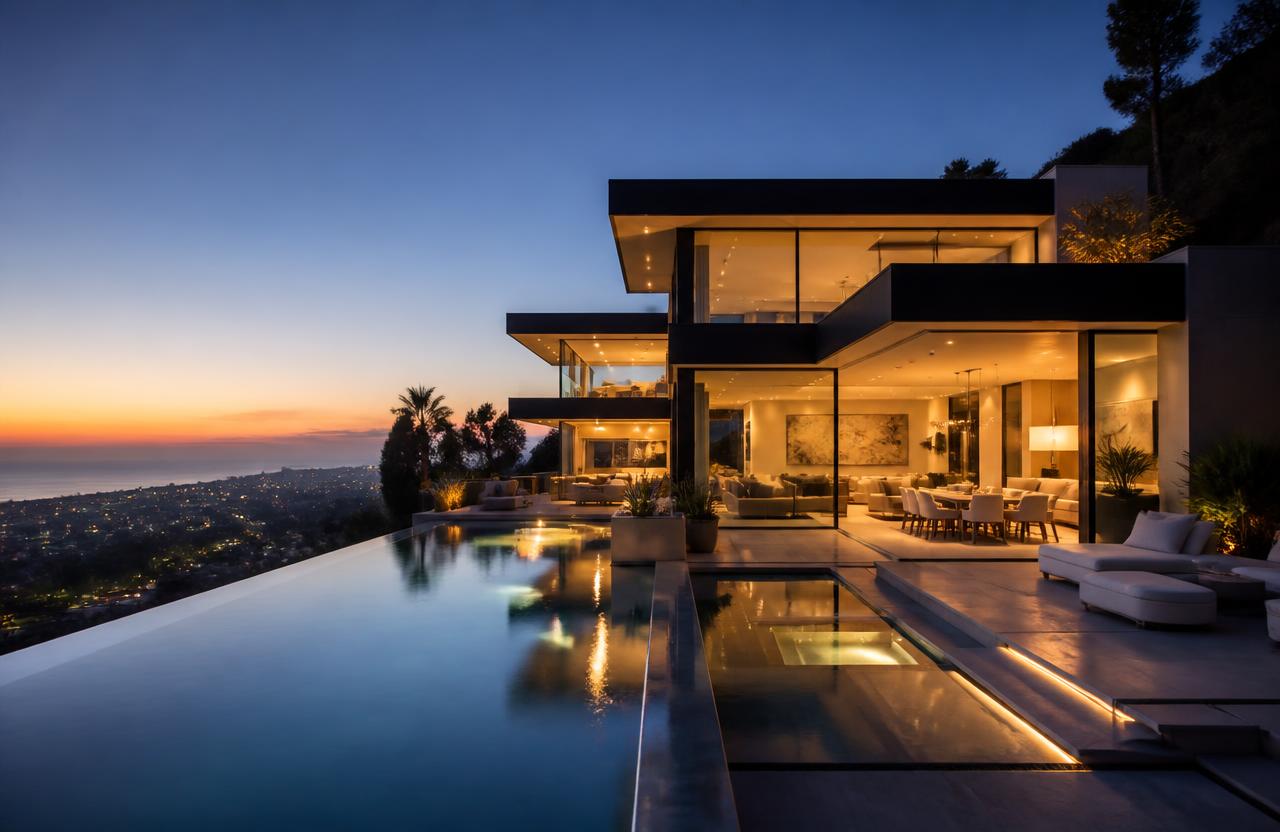 Luxury AI-powered smart home at dusk